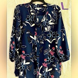 LADIES CERULEAN BLUE TOP WITH LT BLUE, WHITE & PINK FLOWERS